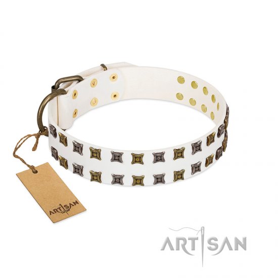 "Ice Peak" FDT Artisan White Leather Dog Collar with Silvery and Goldish Decorations