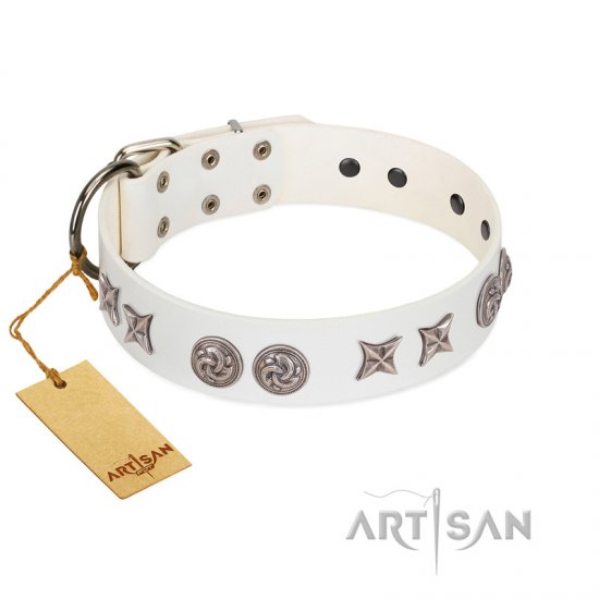 "Galaxy Hunter" FDT Artisan White Leather Dog Collar with Engraved Brooches and Stars
