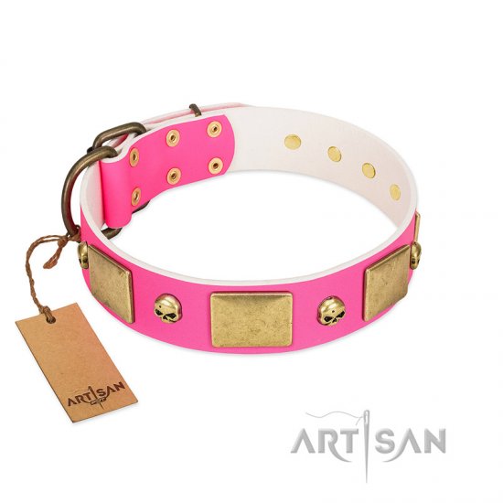 "Glammy Voyage" FDT Artisan Pink Leather Dog Collar with Stylish Bronze-like Decorations - Click Image to Close