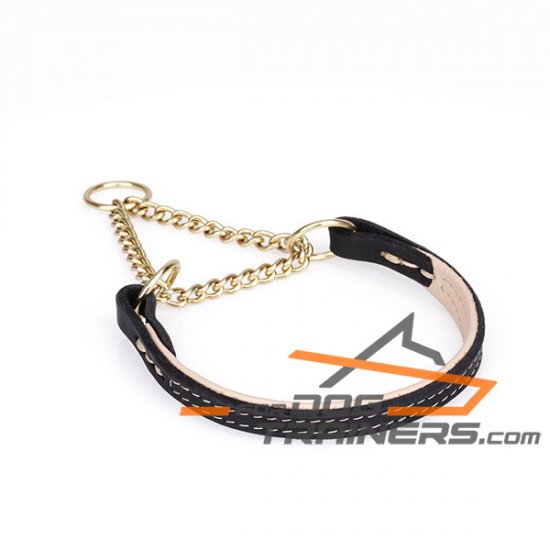 'Golden Charm' 1/2 Inch (12 mm) Martingale Leather Dog Collar with Brass Plated Chain and Nappa Padding