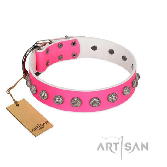 "Romantic Spirit" Handcrafted FDT Artisan Pink Leather Dog Collar with Studs