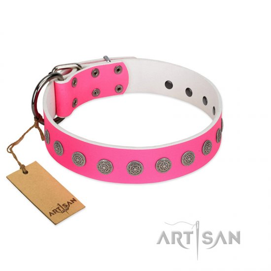 "Pop Star" Handcrafted FDT Artisan Pink Leather Dog Collar with Round Plates