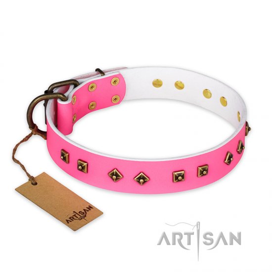 'Magic Pink' FDT Artisan Decorated Leather Dog Collar with Old Bronze-Plated Steel Hardware 1 1/2 inch (40 mm) Wide