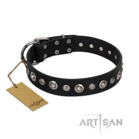 "Genteel Charm" FDT Artisan Black Leather Dog Collar with Silver-like Round Conchos - Click Image to Close