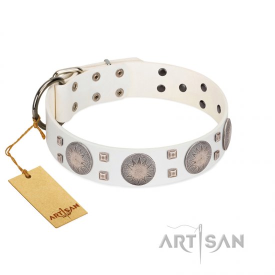 "Mighty Shields" FDT Artisan White Leather Dog Collar with Chrome Plated Shields and Square Studs