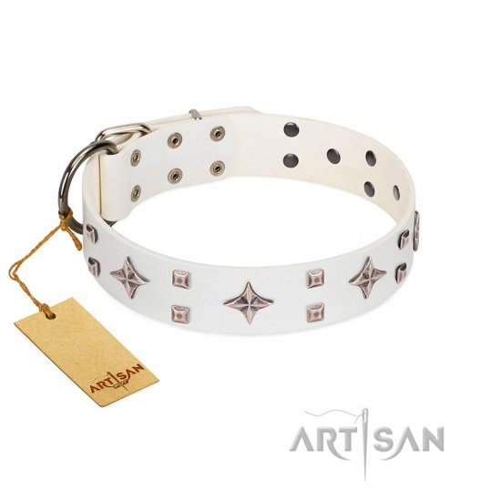 "The Milky Way" FDT Artisan White Leather Dog Collar Adorned with Stars and Tiny Squares
