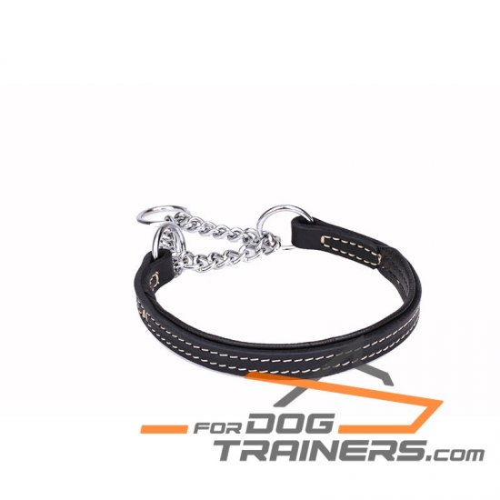 'Safe Control' Martingale Leather Dog Collar with Chrome Plated Chain 1 inch (25 mm) wide