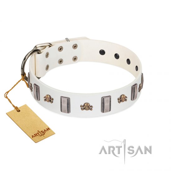 'Mysterious Voyage' FDT Artisan White Leather Dog Collar with Engraved Plates and Skulls