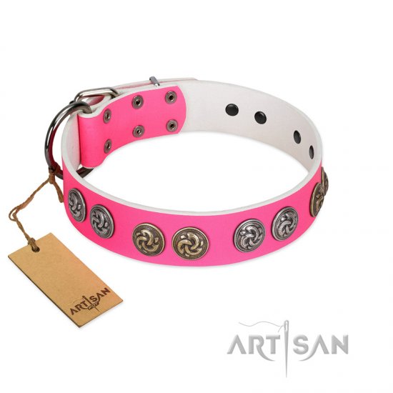 "Pink Butterfly" Designer FDT Artisan Pink Leather Dog Collar with Round Studs