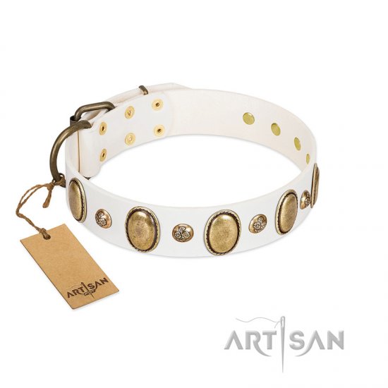 "Milky Lagoon" FDT Artisan White Leather Collar with Vintage Looking Oval and Round Adornments