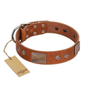 "Great Obelisk" Handcrafted FDT Artisan Tan Leather Dog Collar with Large Plates and Pyramids