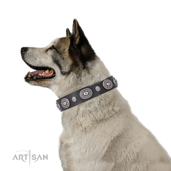 Akita Inu easy to adjust full grain leather dog collar with decorations