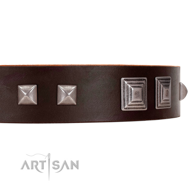 FDT Artisan brown leather dog collar with square studs
and pyramids
