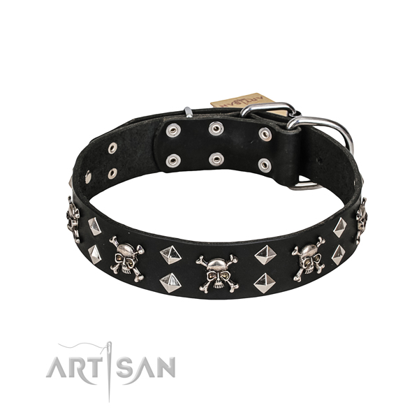 Decorated black leather dog collar