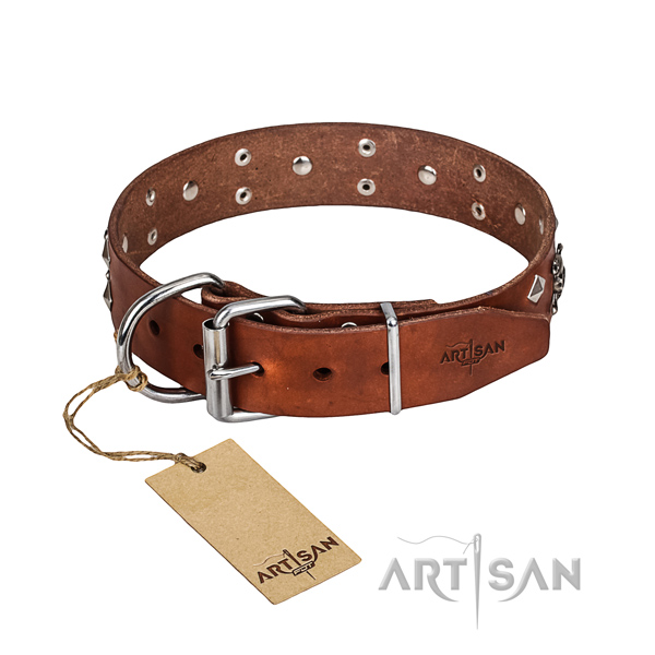Tan leather dog collar for safe handling