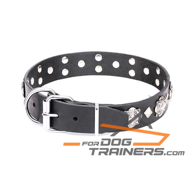 Leather dog collar with buckle for reliable handling