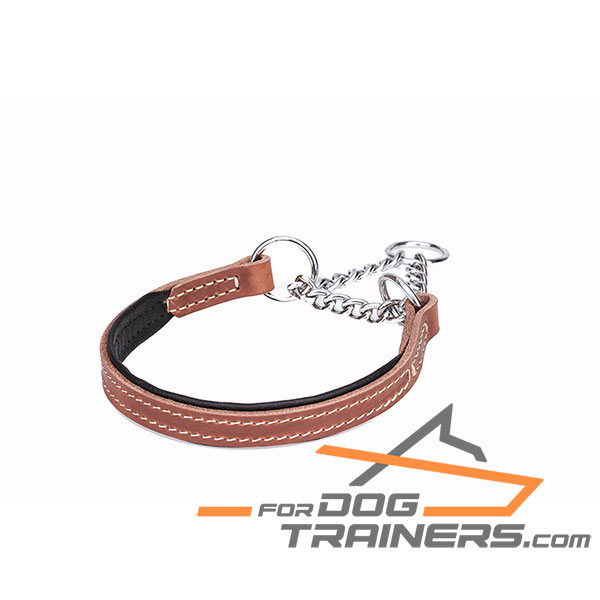 Softly padded martingale tan leather dog collar